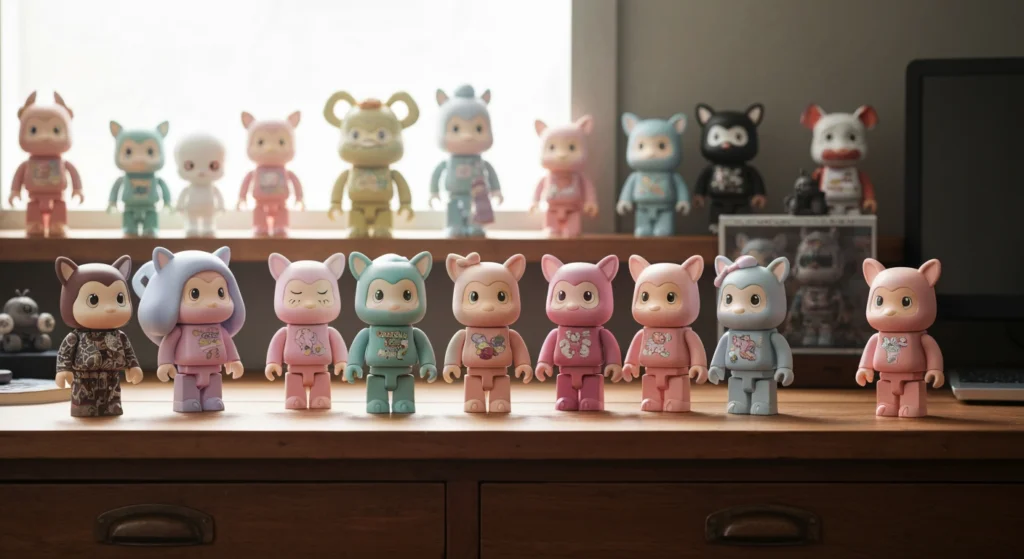 多款 Labubu The Monsters 聯名系列公仔陳列在木桌上