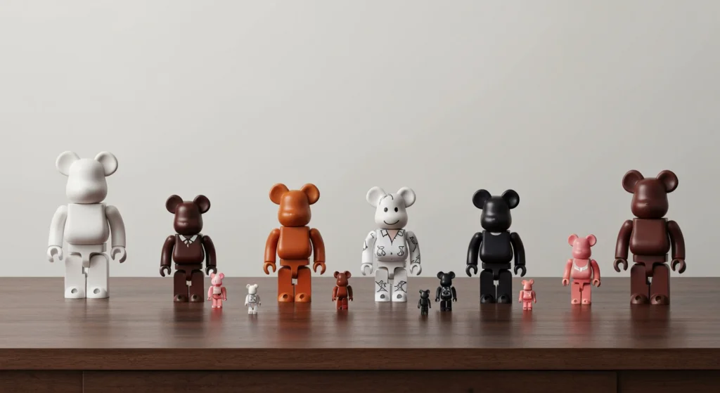 不同尺寸的 BE@RBRICK 公仔陳列在木桌上，呈現價格與收藏價值的差異