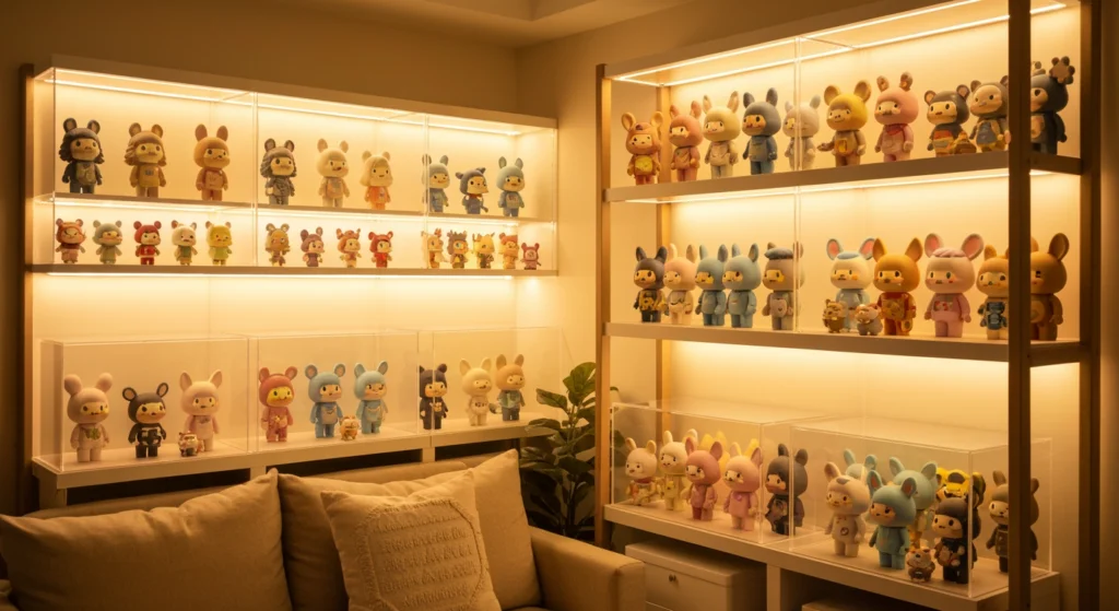 一個裝滿 PVC 公仔的壓克力展示櫃，展示了正確的玩具保養與收藏方式。