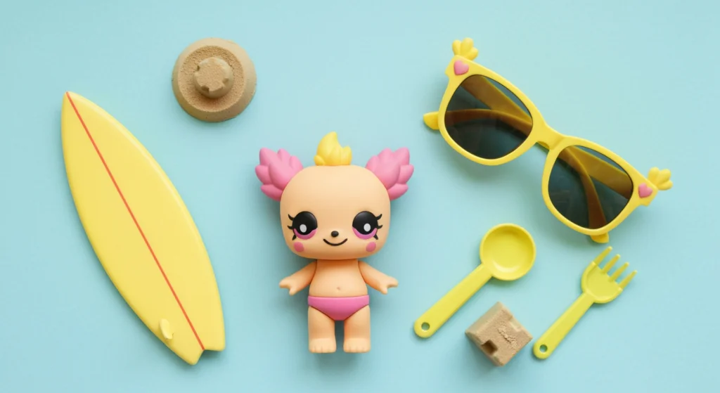 Crybaby 夏日海灘系列盲盒開箱俯瞰圖，周圍散落著迷你衝浪板與沙灘配件