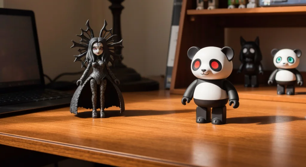 52TOYS Lilith 系列公仔與其他品牌公仔並列於木桌上做比較