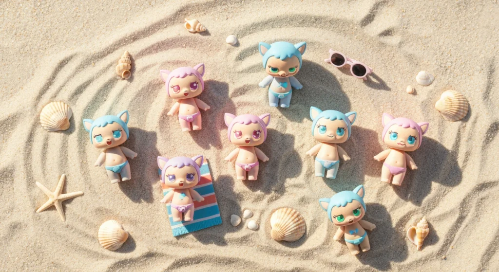 Crybaby Vacation Mode 系列公仔在沙灘上的俯瞰佈置場景