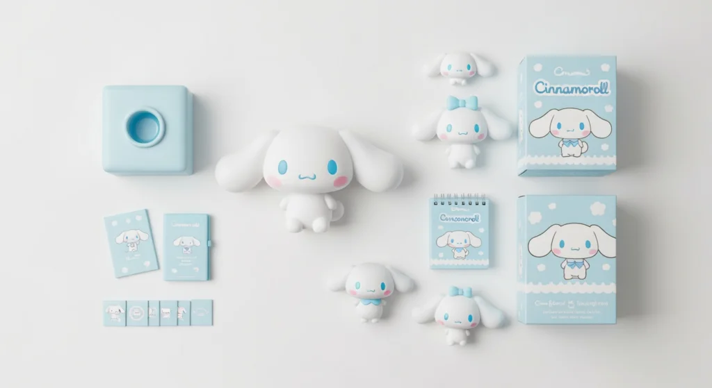 桌面上平放著一個 Cinnamoroll 盲盒公仔與其包裝盒