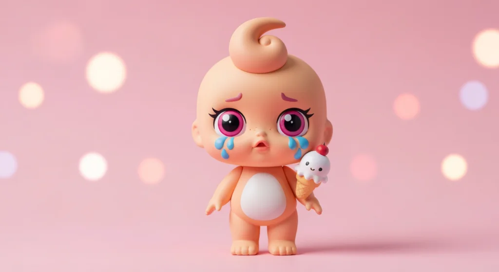 Crybaby 戀夏系列盲盒公仔特寫，角色拿著冰淇淋，背景為粉色。