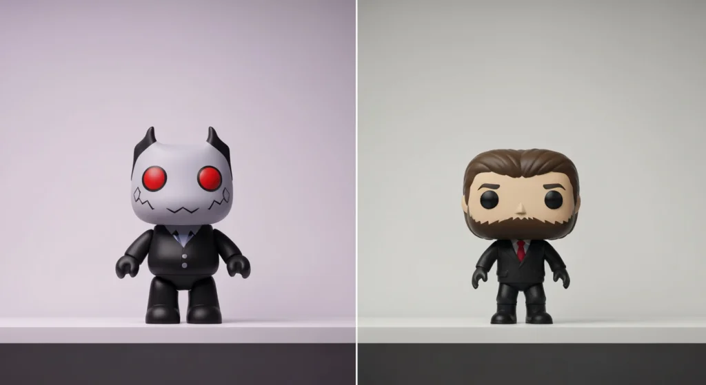 KIDROBOT vs Funko 品牌比較，一個 Dunny 公仔和一個 Funko POP 公仔並排展示