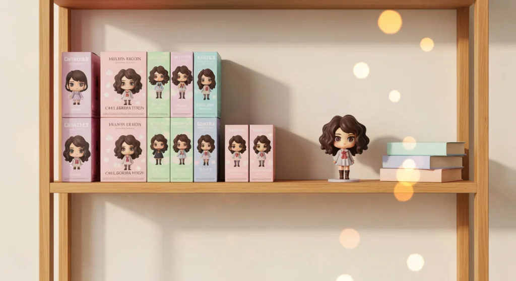 陳列架上整齊排列的 52TOYS Lilith 聯名系列盲盒