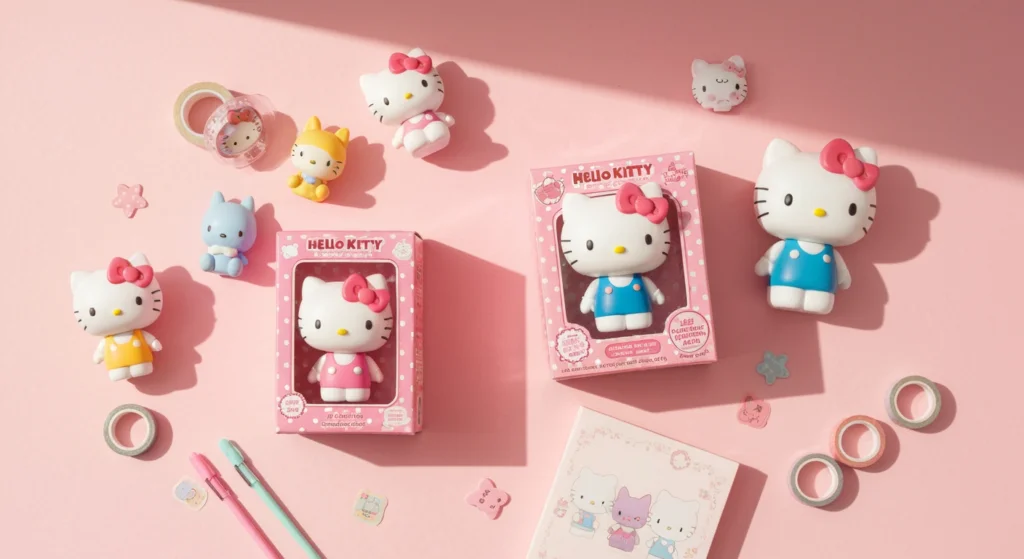 粉色背景上平放著數個 Hello Kitty 盲盒與公仔，展示在台灣哪裡買的選項