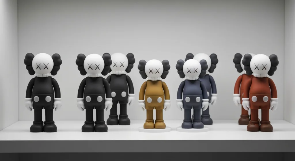 數個 KAWS COMPANION 公仔陳列在白色架上