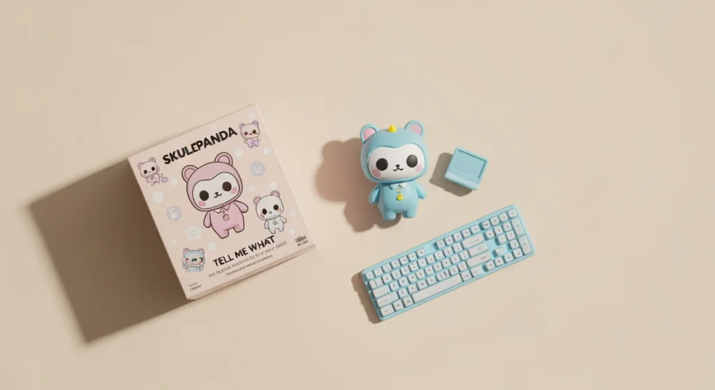SKULLPANDA Tell Me What 系列公仔與盲盒包裝平放於桌面