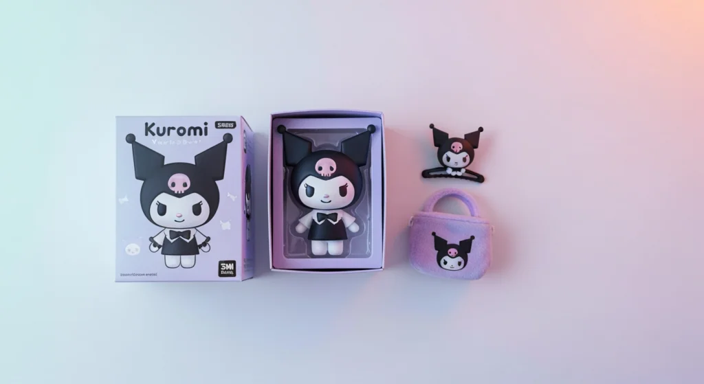 Kuromi 盲盒公仔與包裝盒在桌上的俯拍照片