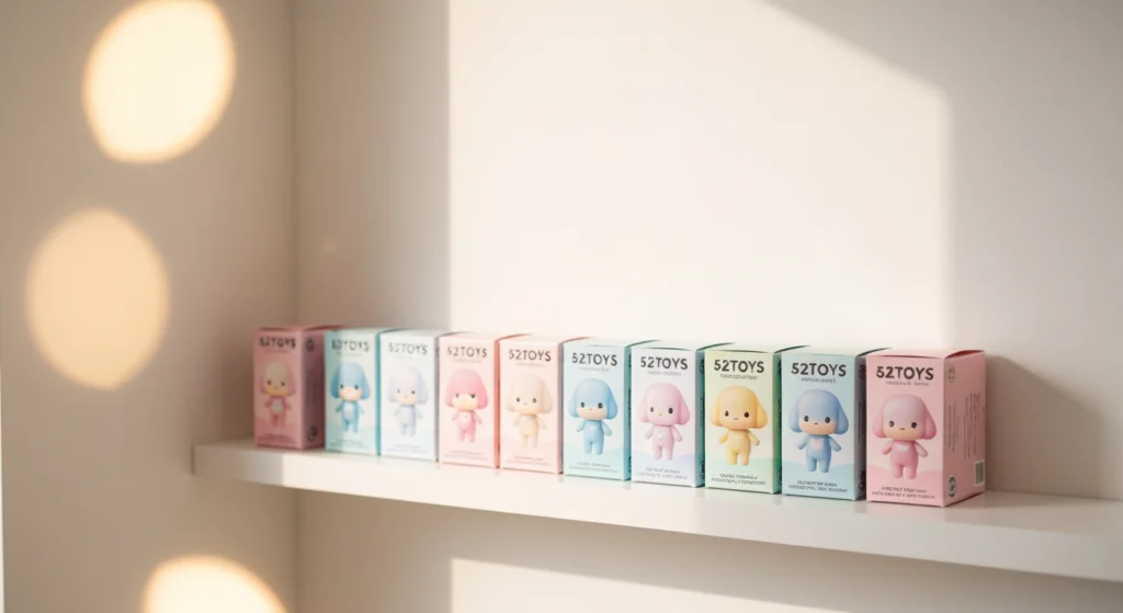 數個 52TOYS Sleep 系列盲盒整齊排列在白色架上作為送禮選擇