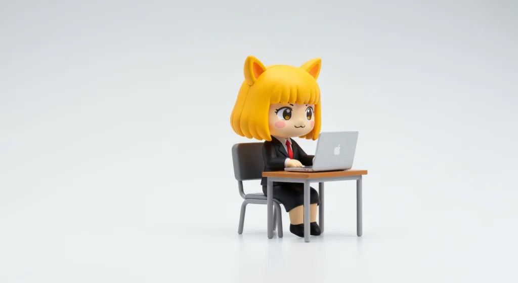 可愛的 Aggretsuko 盲盒公仔坐在辦公桌前的樣子