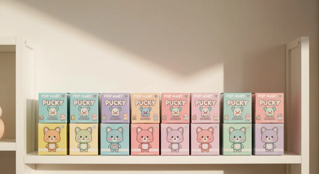 數盒不同系列的 POP MART PUCKY 盲盒整齊排列在白色架子上