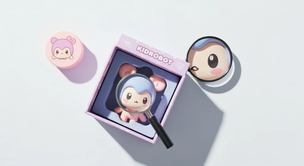 KIDROBOT Yummy 正版與盜版辨別，桌上放著公仔、包裝盒與放大鏡