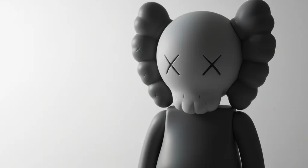KAWS 經典灰色 COMPANION 公仔特寫，背景為純白，展現設計師玩具的精緻細節