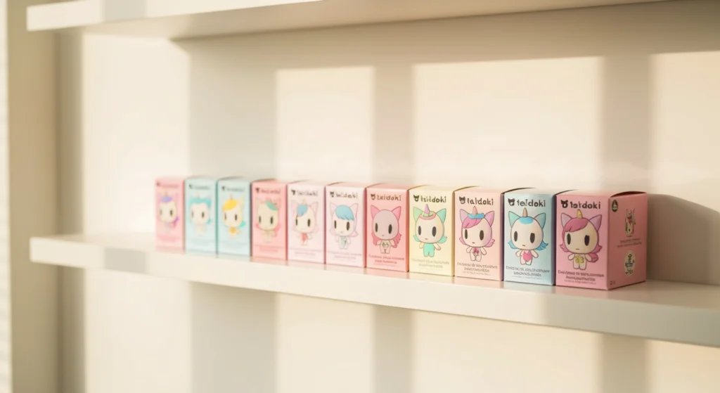 數個 Tokidoki Unicorno 系列盲盒整齊排列在白色架上