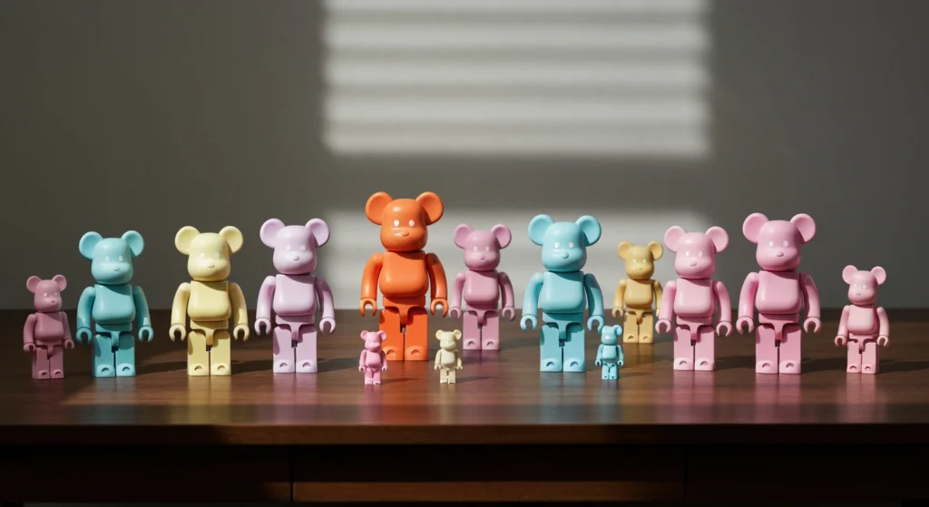 書桌上陳列著不同尺寸與顏色的 BE@RBRICK 公仔收藏