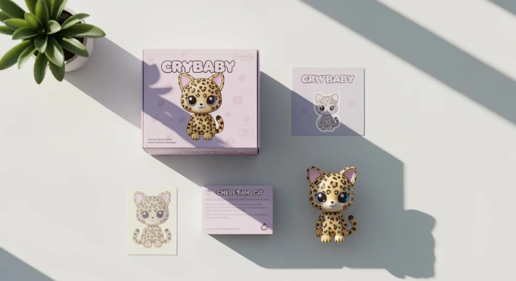Crybaby 豹豹貓貓系列盲盒開箱場景，包含包裝與一隻豹紋塗裝的公仔