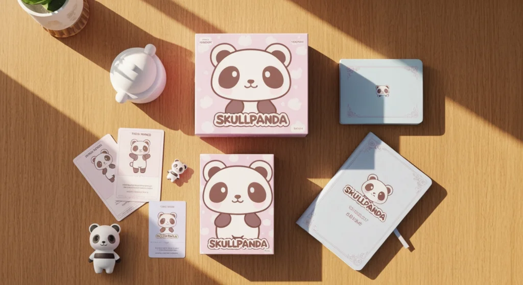 POP MART SKULLPANDA Dcard 心得主題圖片，桌面上有一個打開的 SKULLPANDA 盲盒與公仔