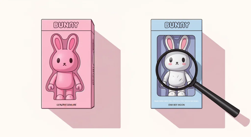 正版與盜版 BUNNY 粉紅公仔與外盒平放比較圖