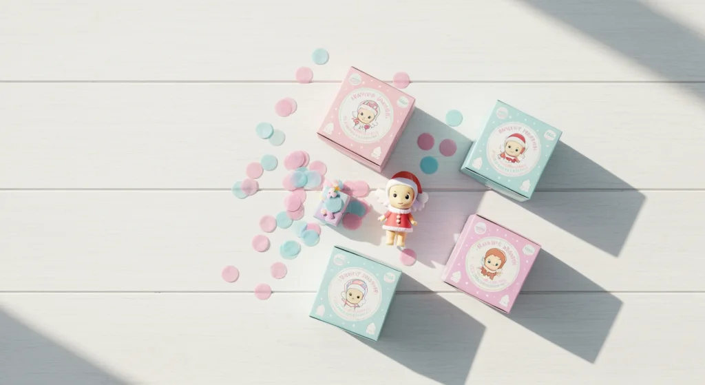 Sonny Angel Christmas 正版公仔與其外盒平放於桌面，用於辨別真偽