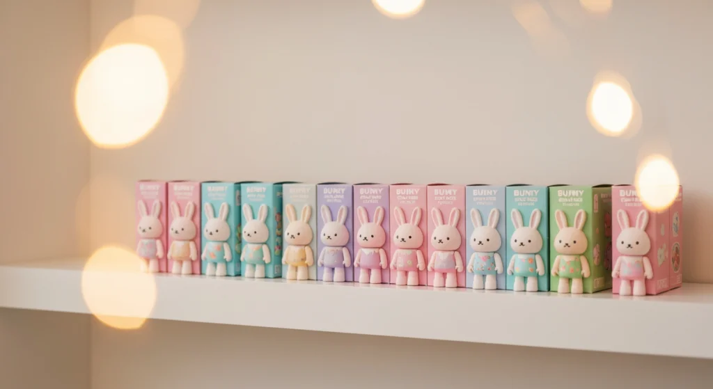 數個 BUNNY 復活節系列盲盒陳列在簡約的架上