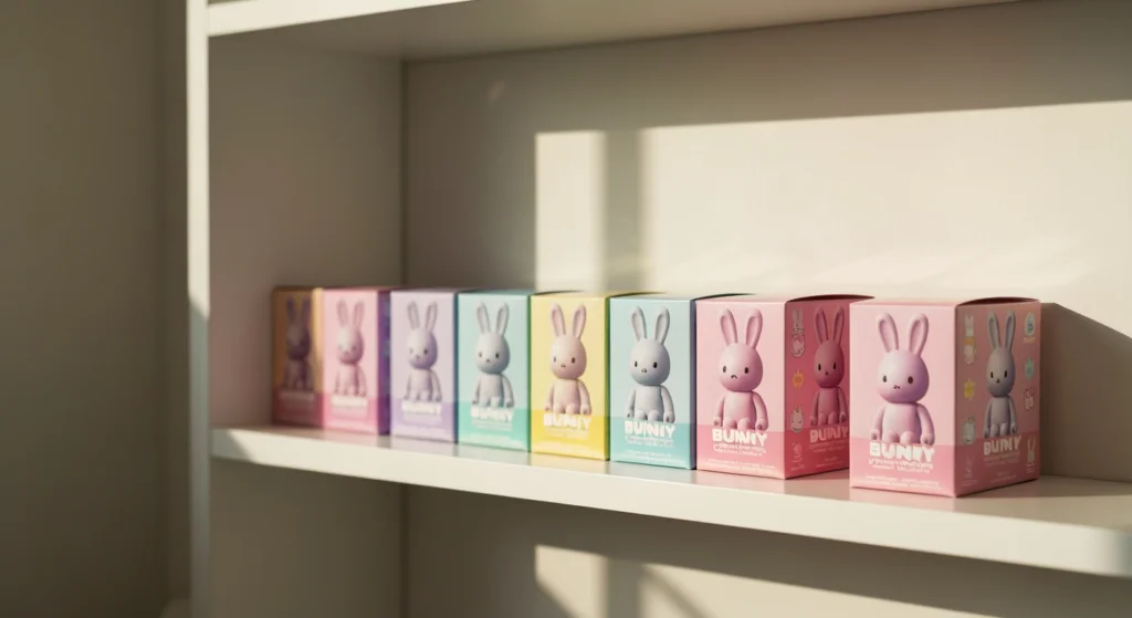 BUNNY 奶油兔歷年聯名款盲盒在架上展示