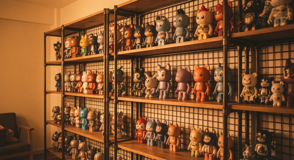 一個溫馨的房間角落，牆上掛著DIY的黑色盲盒鐵件展示架，上面整齊排列著各式可愛的盲盒公仔。
