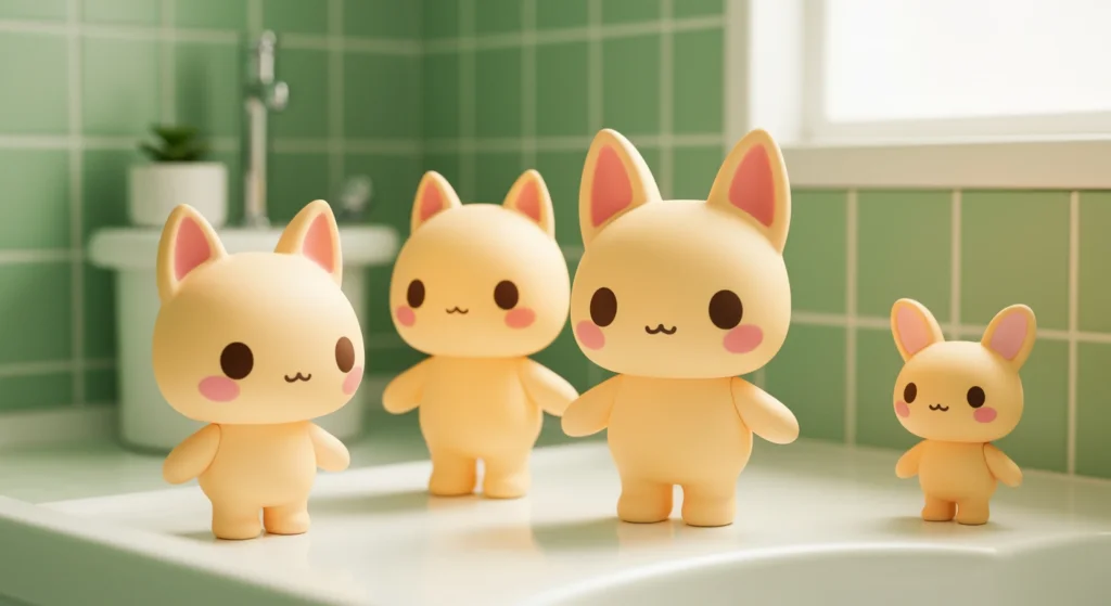 數個 Smiski Bathing 系列公仔在浴室場景中的合照