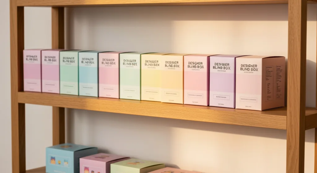 數個不同系列的設計師盲盒整齊排列在木製層架上