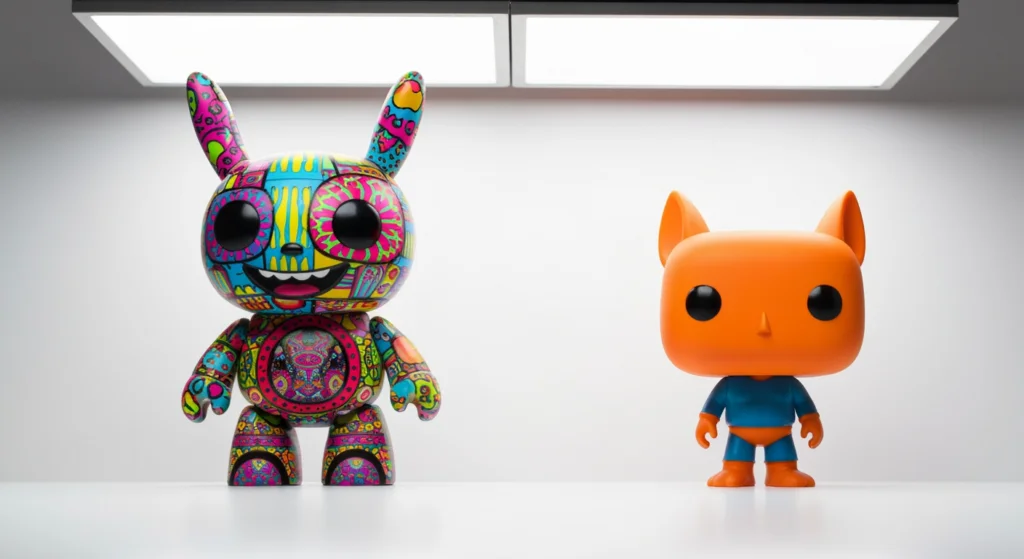 KIDROBOT 的 Dunny 與 Funko Pop! 公仔並列展示的品牌比較圖