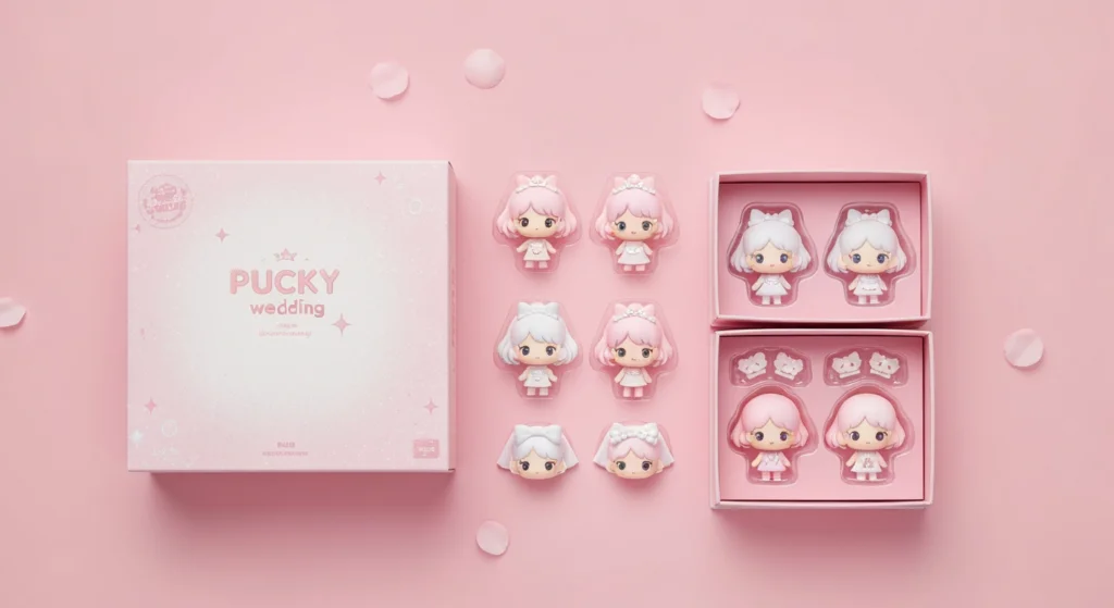 PUCKY 婚禮系列盲盒開箱俯瞰圖，包含精緻的包裝盒與配件