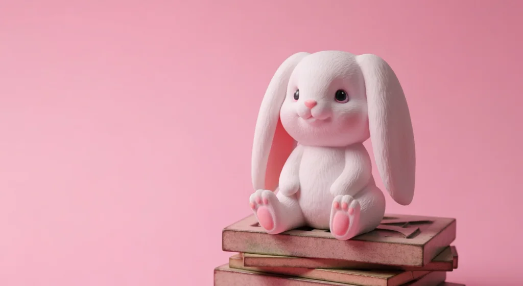 BUNNY 情人系列公仔，有著長耳朵的兔子角色，坐在復古信件上
