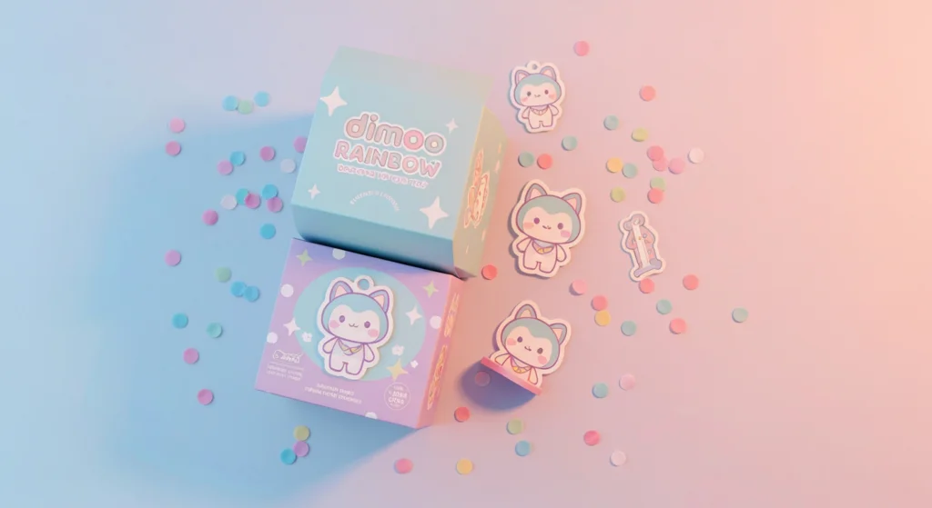 Dimoo Rainbow 2026 上半年新品系列開箱場景，桌面上有彩虹色的包裝盒與公仔配件