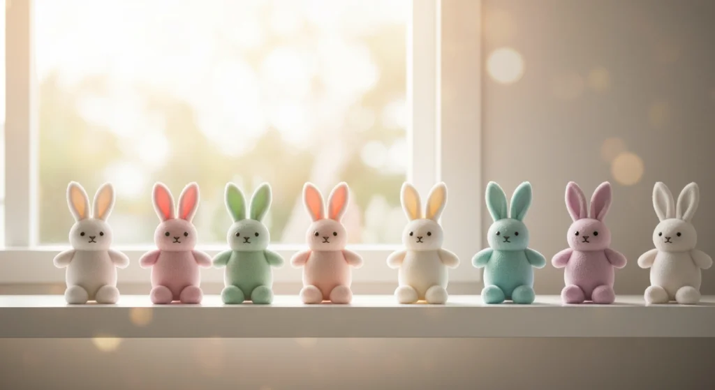 BUNNY 復活節系列公仔在簡約白色層架上的美學擺設