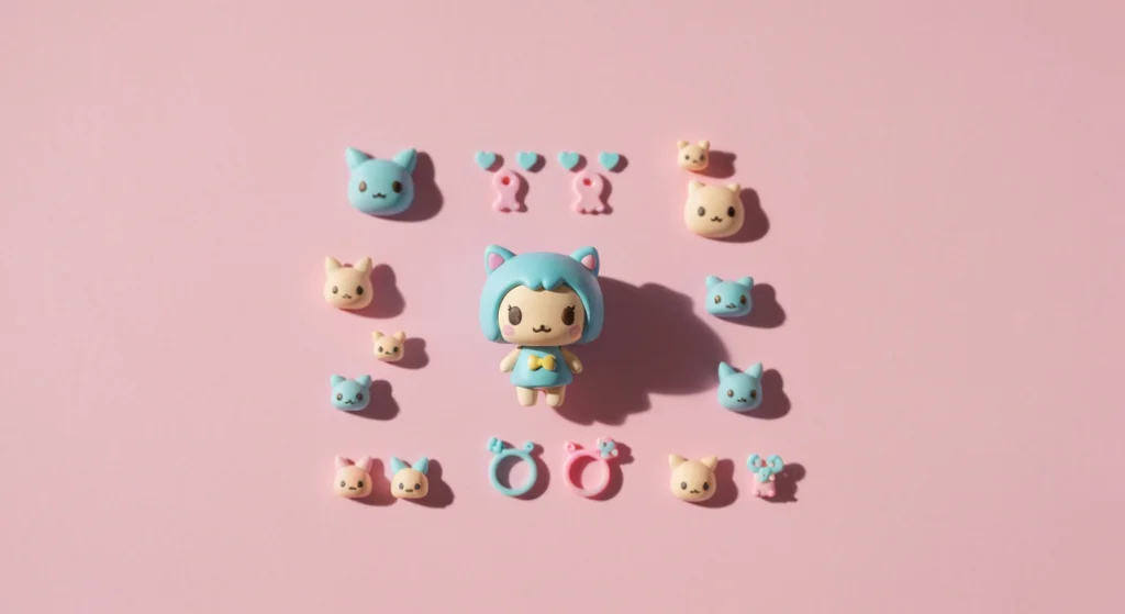 桌面俯拍圖展示盲盒 3D 列印 DIY 的場景，包含一個可愛的公仔與多個 3D 列印配件