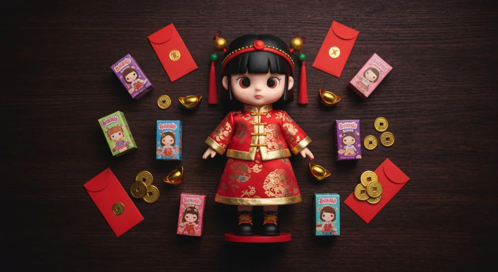 新年 Molly 限定款公仔平拍圖，周圍有紅包與金色裝飾