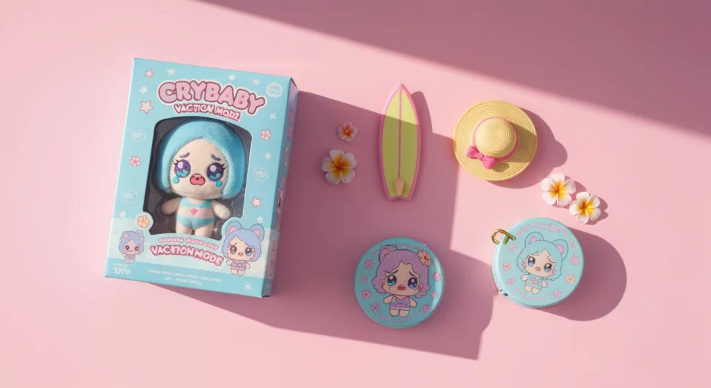 Crybaby Vacation Mode 盲盒開箱，以俯瞰視角呈現，包含精美包裝與配件