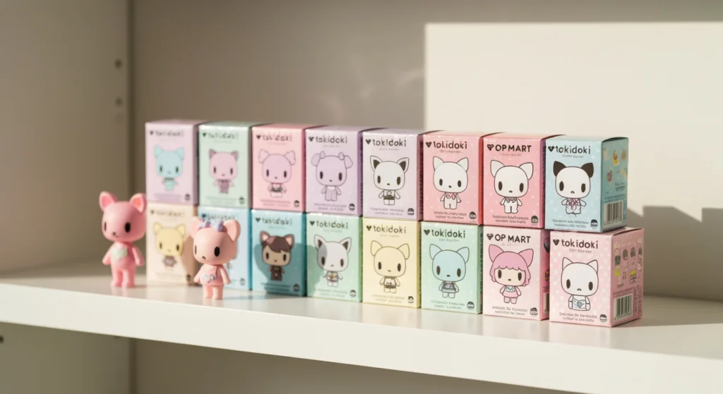Tokidoki 盲盒公仔與其他品牌公仔並列於白色架上