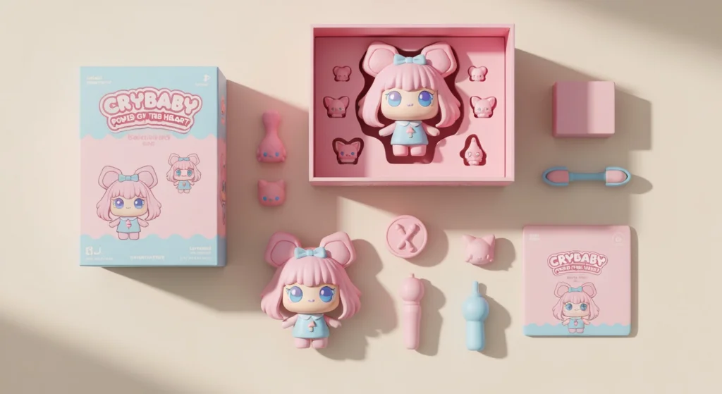 Crybaby 戀夏系列 Mobile01 評測主題的開箱場景，包含盲盒與公仔平放於桌面