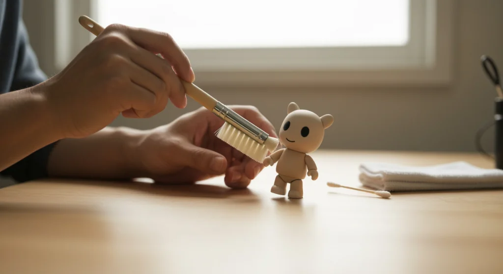 一位收藏家正在用軟毛刷清潔一隻白色的 KIDROBOT Dunny 公仔