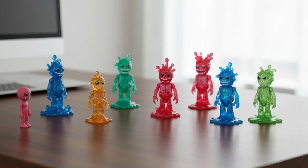 Mighty Jaxx Solid Liquid 系列公仔在木桌上的收藏展示