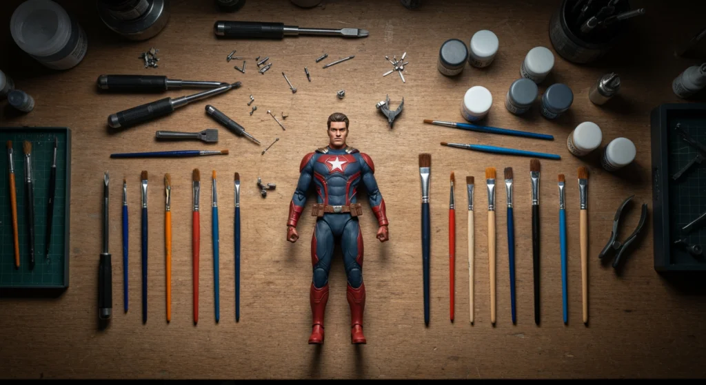一張從上往下看的 Hot Toys 改造工作桌，上面有一隻 1/6 比例的模型公仔、精密工具與顏料