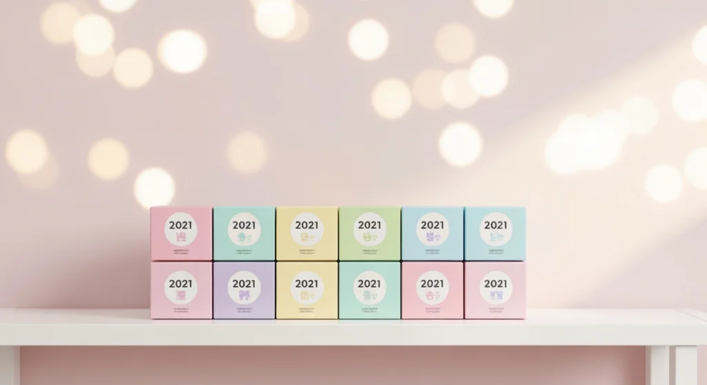數個 2021 盲盒系列包裝陳列在白色架上，展現年度回顧主題