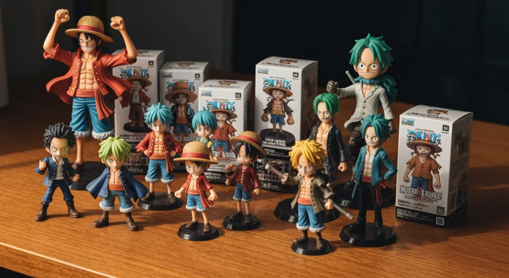 POP MART 海賊王 One Piece 系列盲盒公仔陳列在木桌上