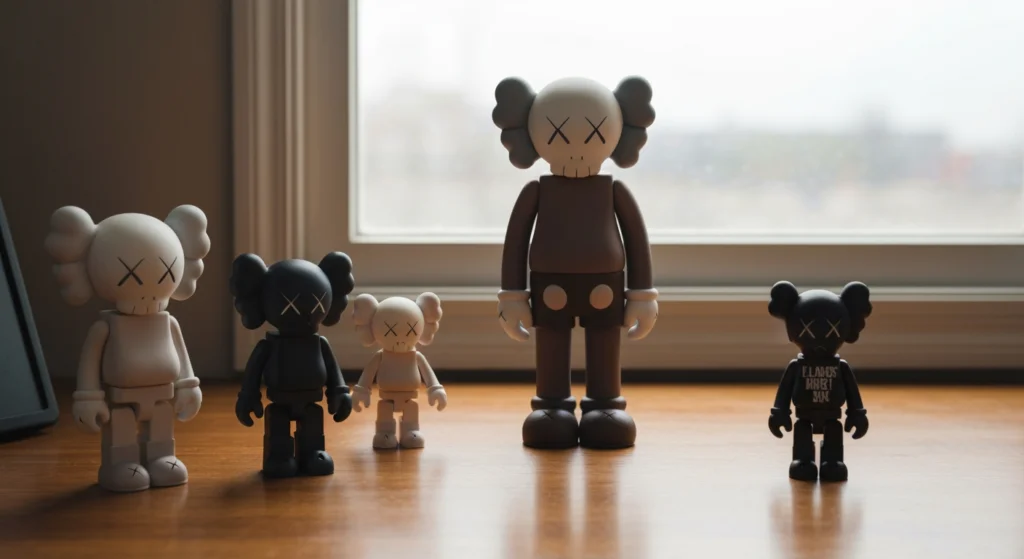 KAWS Companion 公仔在木桌上展示，象徵著 KAWS 投資與收藏價值