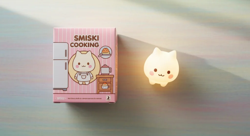Smiski Cooking 系列盲盒開箱，一隻夜光 Smiski 公仔擺放在其包裝旁