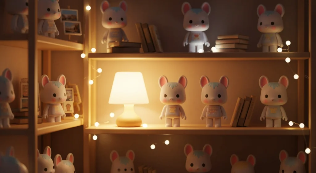 Dimoo Bedtime Story 系列公仔在溫暖燈光下的展示擺設
