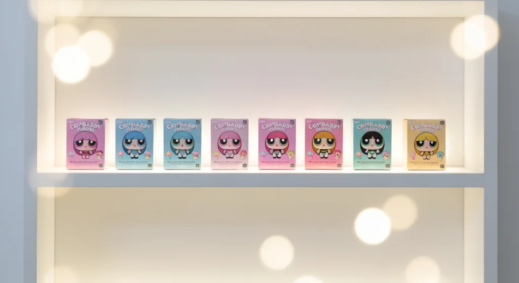 Crybaby 巡遊系列與飛天小女警聯名盲盒在台灣販售的陳列情境照
