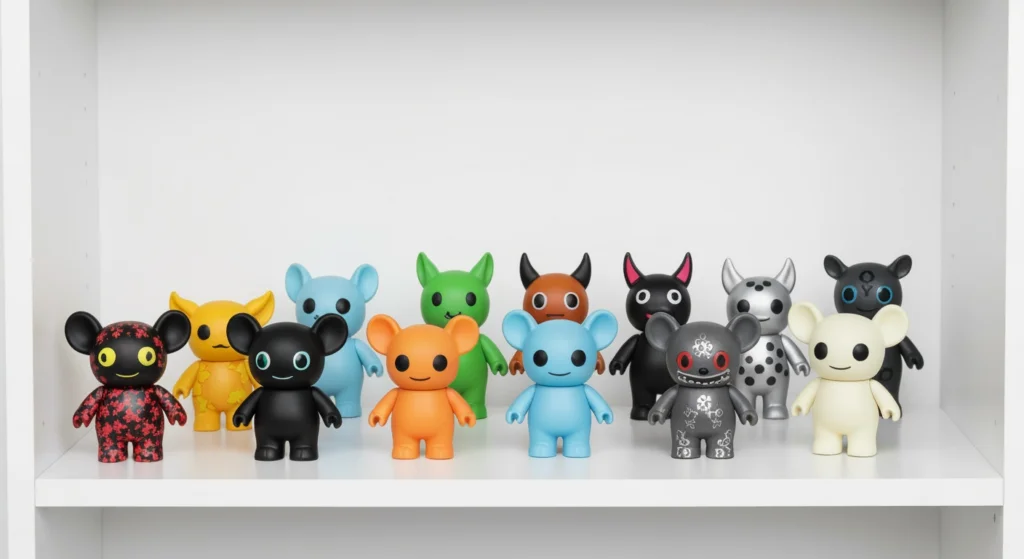數個不同顏色與設計的 Kidrobot Dunny 設計師玩具公仔，整齊排列在白色架上，展現 Kidrobot 品牌介紹中的多樣性
